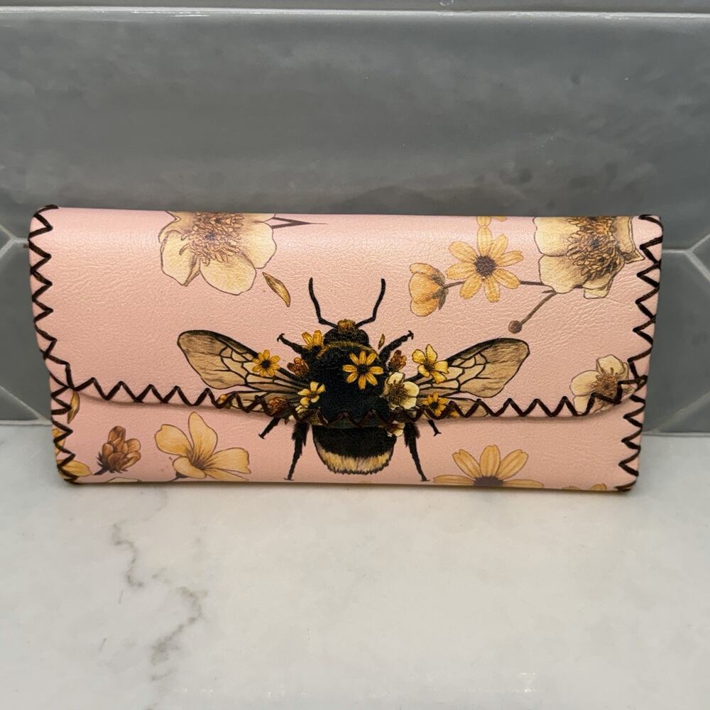 🐝 Cottagecore Bee Floral Wallet Pink Vegan Leather Whipstitch Boho Fairycore